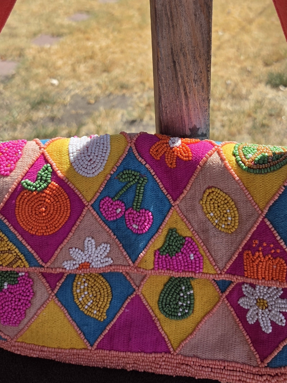 Embroidered Multicolor Beaded Clutch Handbag - Vibrant Pink & Orange